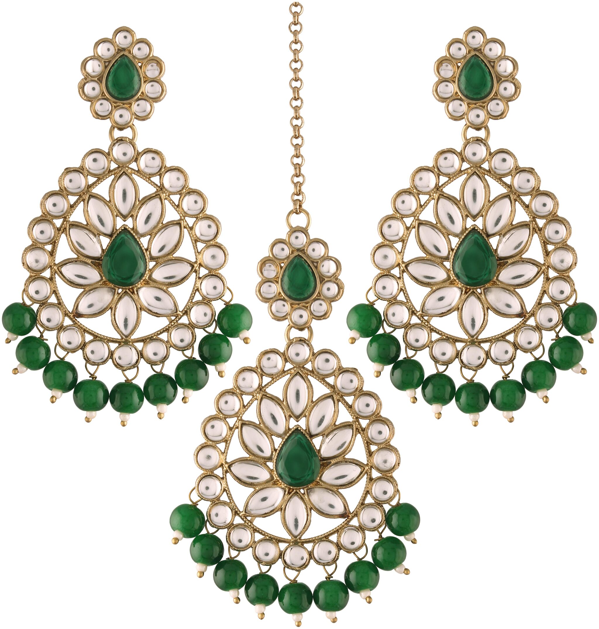Etnico 18k Gold Plated with Stunning Antique Finish Traditional Bollywood Kundan Faux Pearl Big Chandbali Bridal Earrings with Maang Tikka Set For Women Girls (TE2801G)
Etnico 18k Gold Plated with Stunning Antique Finish Traditional Bollywood Kundan Faux Pearl Big Chandbali Bridal Earrings with Maang Tikka Set For Women Girls (TE2801G)
