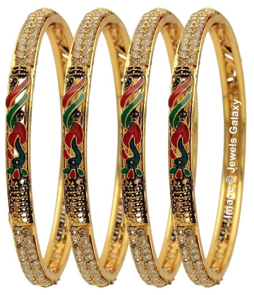 Jewels Galaxy Elegant AAA American Diamond Peacock Designer Gold Plated Bangles - Set Of 4
Jewels Galaxy Elegant AAA American Diamond Peacock Designer Gold Plated Bangles - Set Of 4
