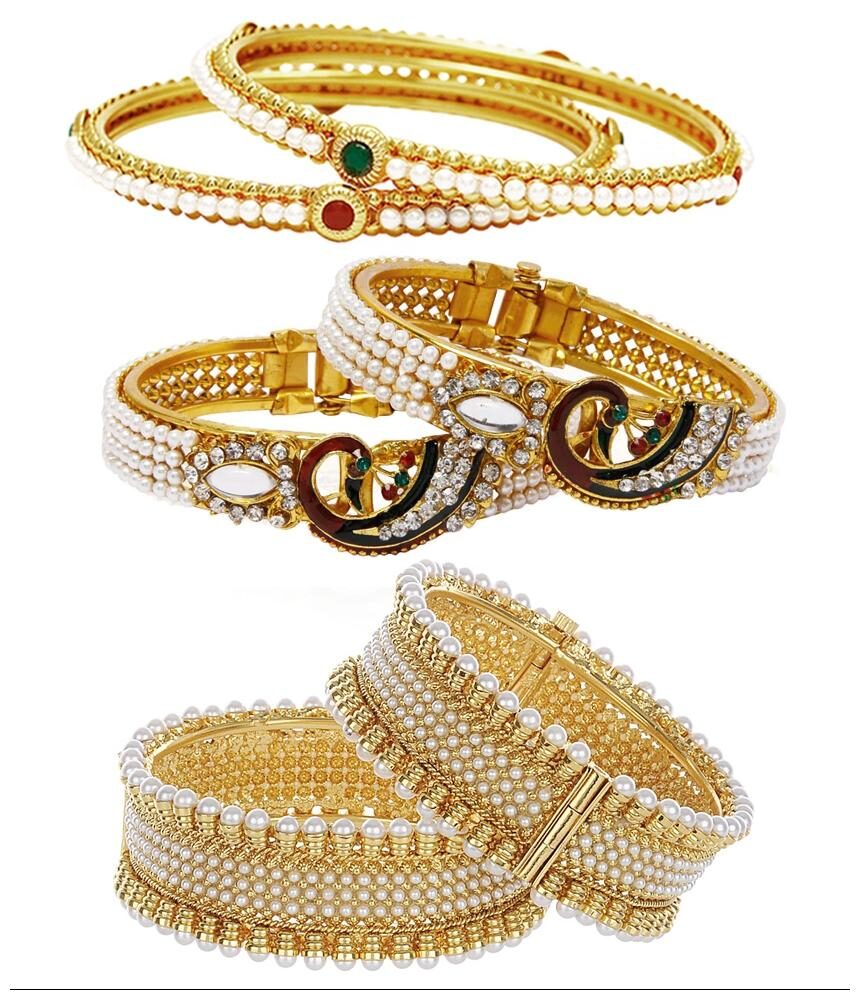 Jewels Galaxy Combo Of Broad Designer Pearls Bangles Openable Mayur Bangles and Trendy Gold Plated Bangles - Pack Of 6
Jewels Galaxy Combo Of Broad Designer Pearls Bangles Openable Mayur Bangles and Trendy Gold Plated Bangles - Pack Of 6