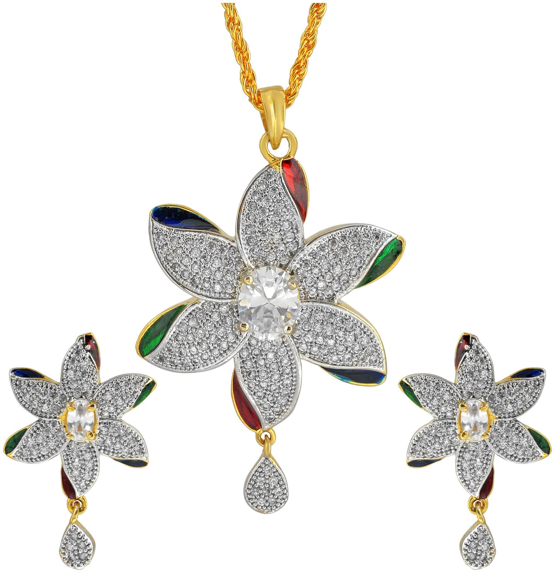 Memoir Gold Plated Synthetic Diamond Meenakari Flower Design Fashion Pendant Set Women Latest
Memoir Gold Plated Synthetic Diamond Meenakari Flower Design Fashion Pendant Set Women Latest