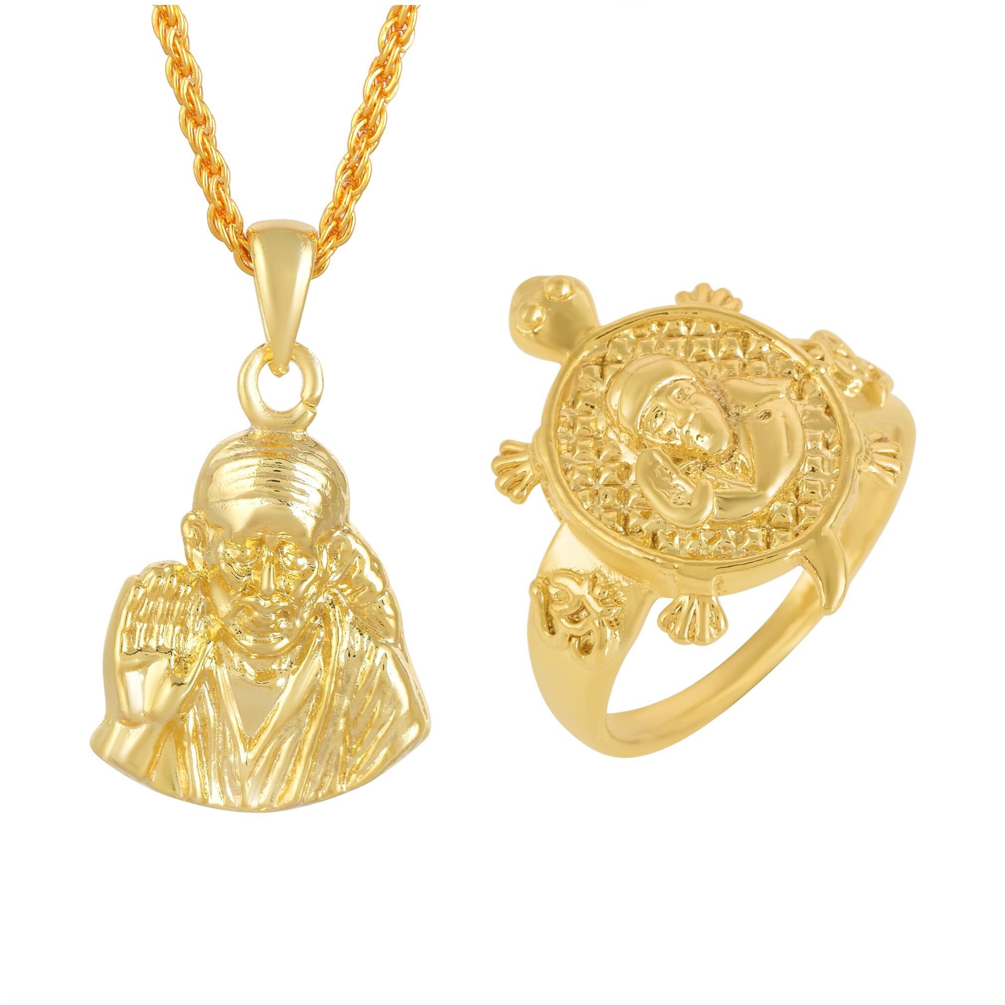 MissMister Brass Micron Goldplated SaiBaba pendant and Kachua fingerring Combo jewellery (Pack of 2)
MissMister Brass Micron Goldplated SaiBaba pendant and Kachua fingerring Combo jewellery (Pack of 2)