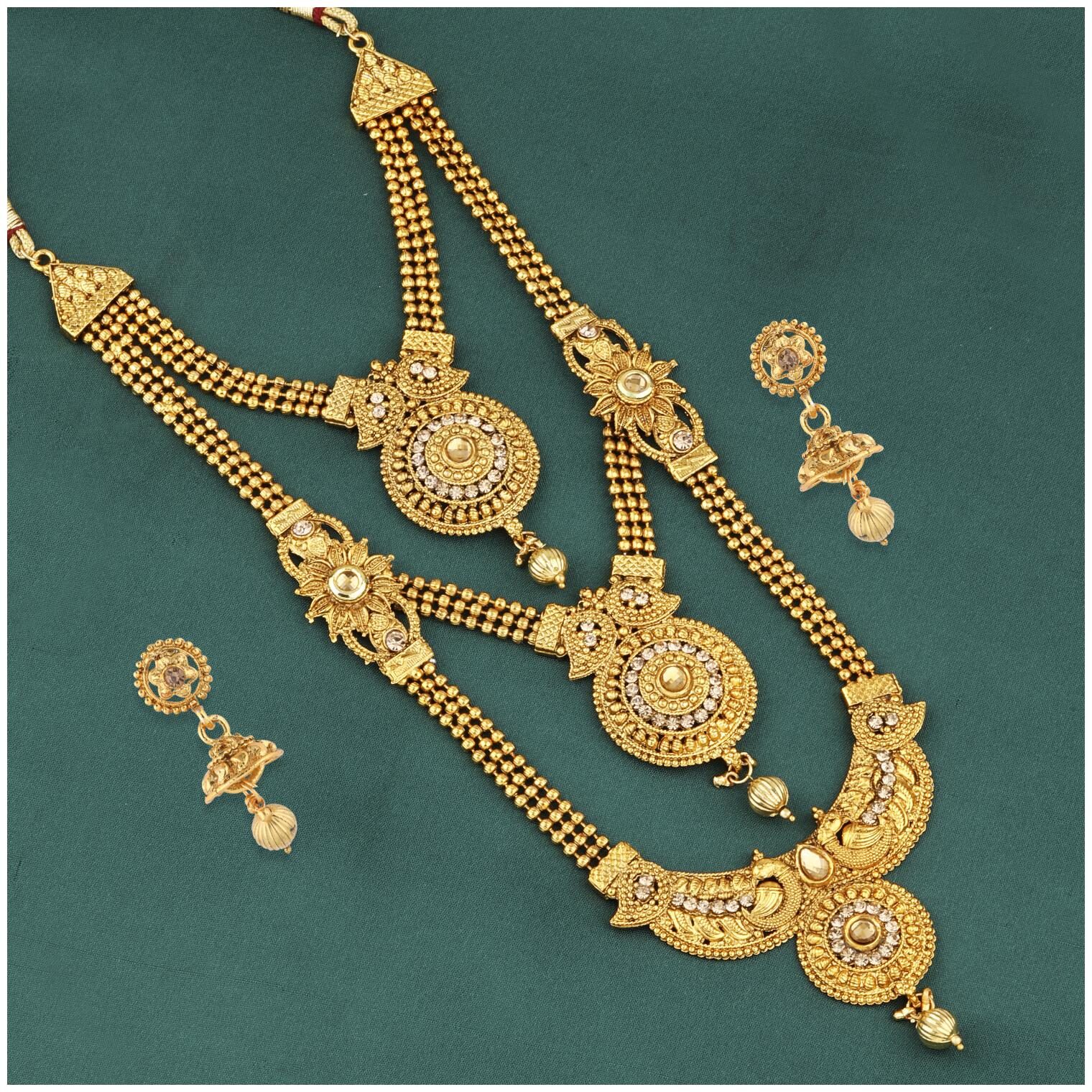 Silver Shine Traditional Gold Plated Ethnic Elegant Self Textured Golden Kundan Stone Studded Triple Layer Three Chain Type Designer Long Bridal Wedding Jevellry Set For Girls and Women
Silver Shine Traditional Gold Plated Ethnic Elegant Self Textured Golden Kundan Stone Studded Triple Layer Three Chain Type Designer Long Bridal Wedding Jevellry Set For Girls and Women