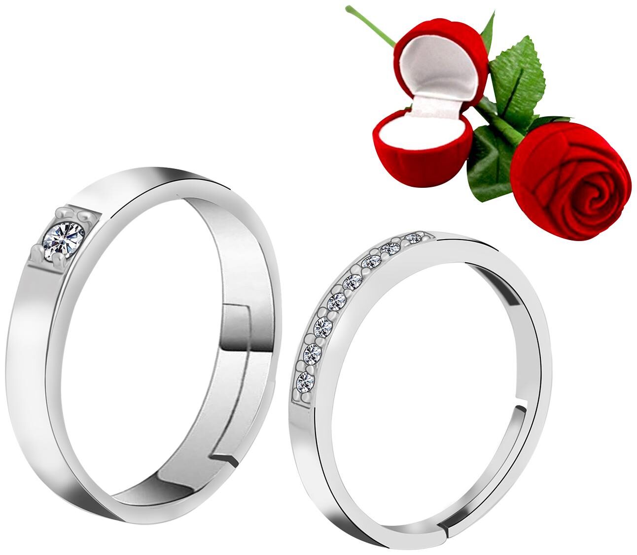 Silver Shine Silver Plated Adjustable Couple Ring with Red Rose Gift Box for Men and Women
Silver Shine Silver Plated Adjustable Couple Ring with Red Rose Gift Box for Men and Women