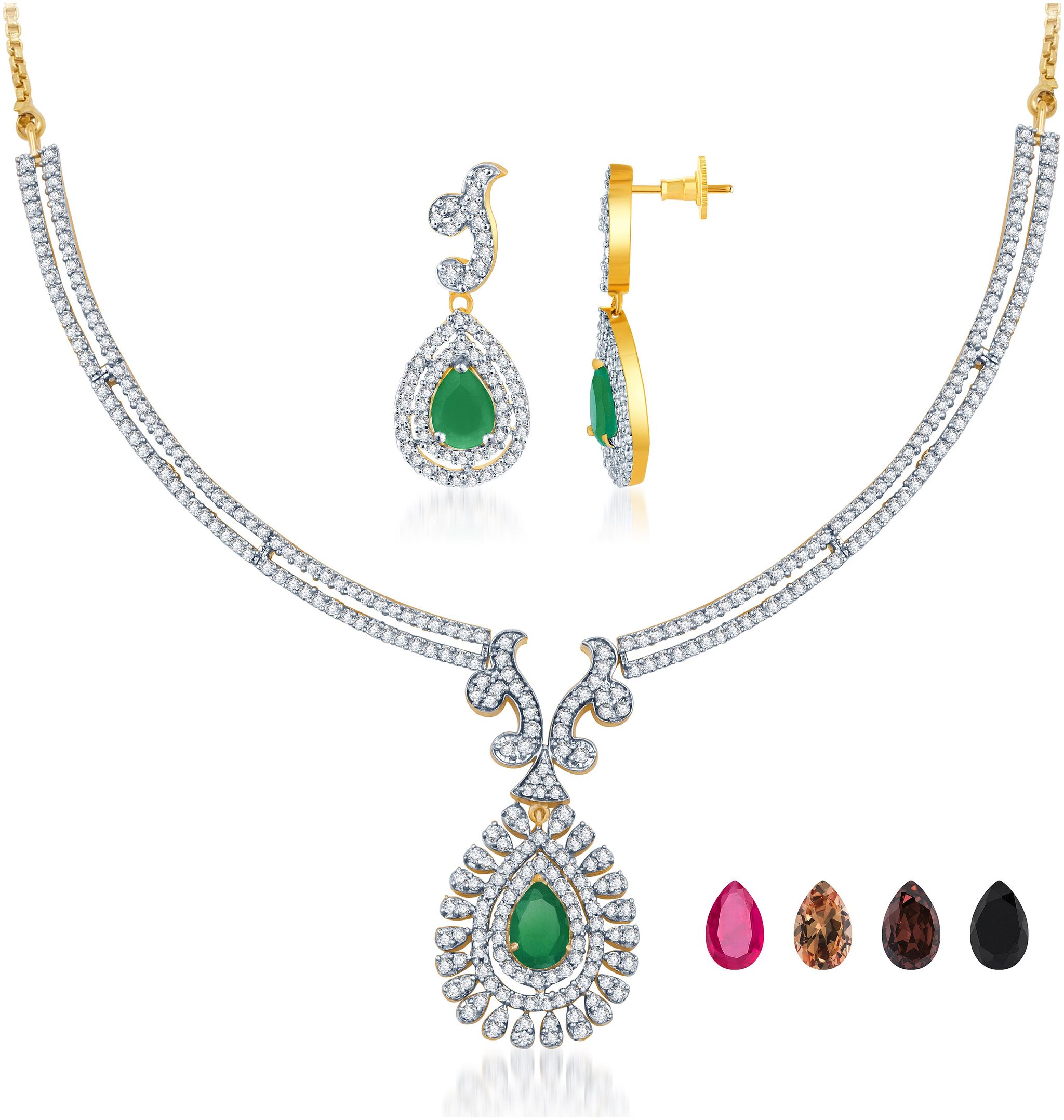 Sukkhi Gold Rhodium Plated Faux Emerald Teardrop Cz Necklace Set With 4 Changeable Stone
Sukkhi Gold Rhodium Plated Faux Emerald Teardrop Cz Necklace Set With 4 Changeable Stone