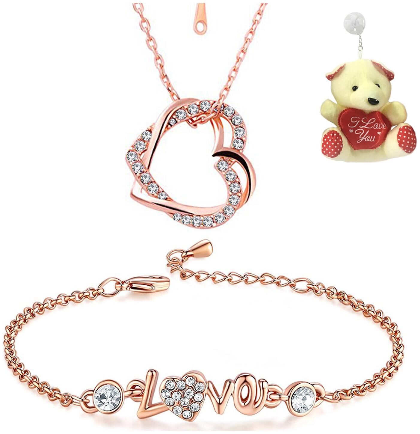 Om Jewells Rose Gold Combo of Heart in Heart Pendant and LOVE Link Bracelet with Free Teddy for Girls and Women by Om Jewells CO1000086Ted
Om Jewells Rose Gold Combo of Heart in Heart Pendant and LOVE Link Bracelet with Free Teddy for Girls and Women by Om Jewells CO1000086Ted