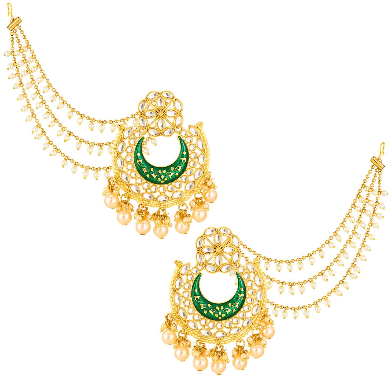 Vermont Pearl Studded Ethnic Designer Gold Plated Baahubali Hair Chain Jhumki Earrings for Women
Vermont Pearl Studded Ethnic Designer Gold Plated Baahubali Hair Chain Jhumki Earrings for Women