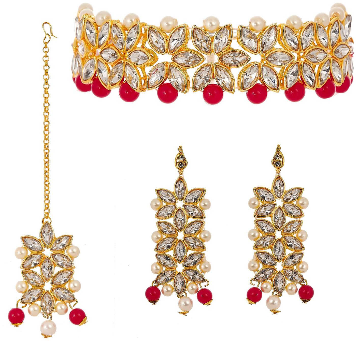 Zeneme Flower Shaped Choker Wedding Necklace Earrings Maang Tikka Jewellery For Women (Red White)
Zeneme Flower Shaped Choker Wedding Necklace Earrings Maang Tikka Jewellery For Women (Red White)