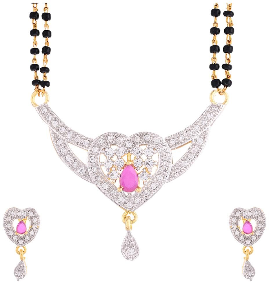 Zeneme Pink Heart Shape American Diamond Gold Plated Alloy Mangalsutra With Earrings For Women
Zeneme Pink Heart Shape American Diamond Gold Plated Alloy Mangalsutra With Earrings For Women