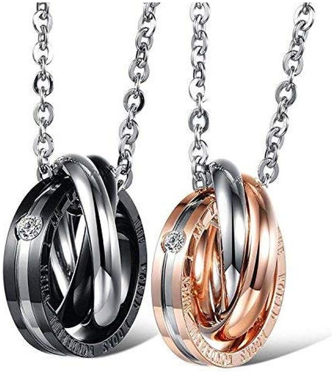 ZIVOM Couple Lovers Valentine Black Rose Gold Stainless Steel Triple Rings Combo of 2 Necklace Pendant Chain Boy Girl Men Women
ZIVOM Couple Lovers Valentine Black Rose Gold Stainless Steel Triple Rings Combo of 2 Necklace Pendant Chain Boy Girl Men Women