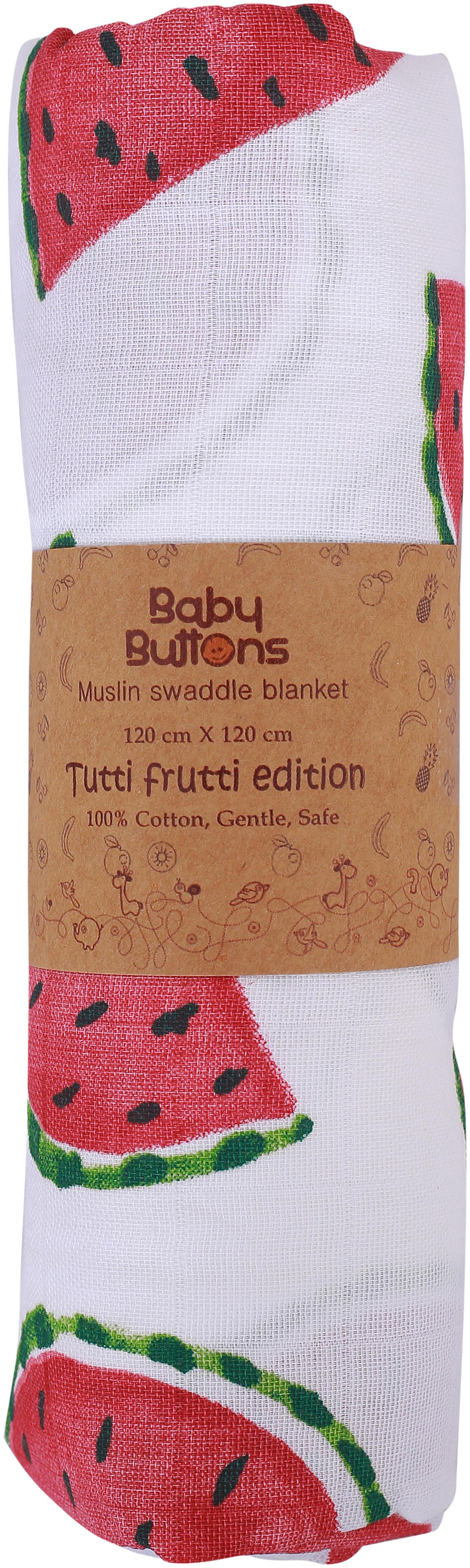 BabyButtons Tutti Frutti edition -Organic Muslin Cotton Cute Print Swaddle Wrap for Baby (120 X 120 cm) (Cool Watermelon)
BabyButtons Tutti Frutti edition -Organic Muslin Cotton Cute Print Swaddle Wrap for Baby (120 X 120 cm) (Cool Watermelon)
