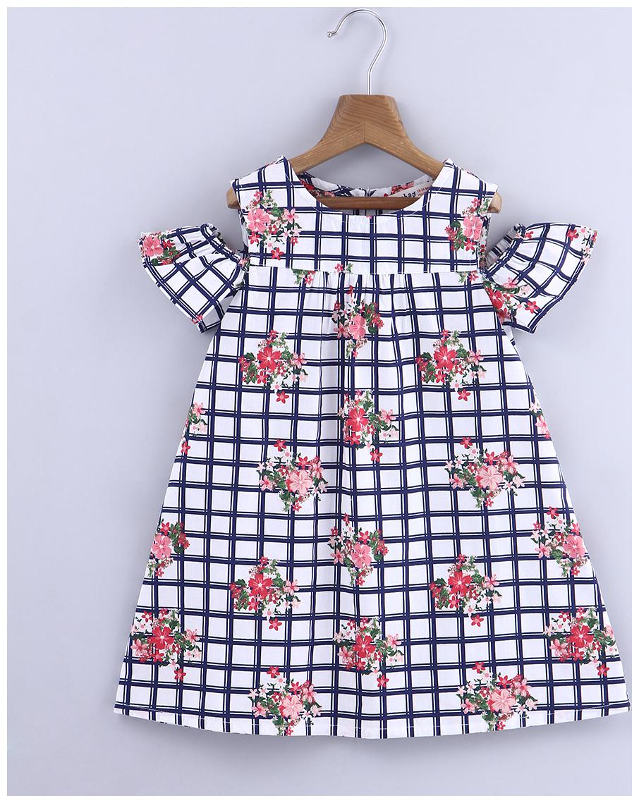 Beebay Baby Girl 100 Cotton Woven Floral Print On Check Dress (White)