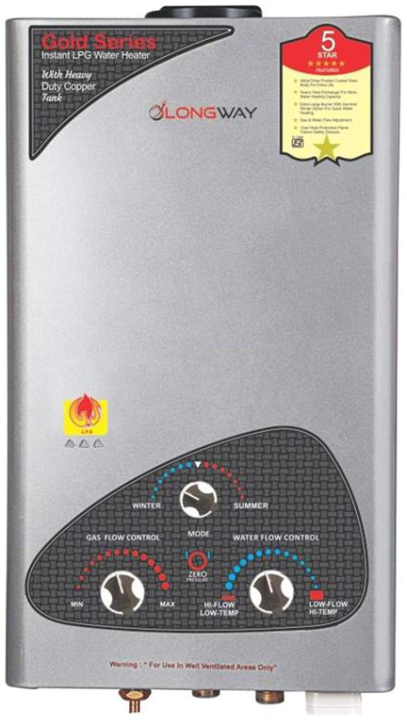 LONGWAY Xolo Gold Smart 7 ltr LPG Instant Gas Water Heater Geyser 5 Way Protection (100 Copper Tank) T O P Function 20 minut Timer (Silver Black)
LONGWAY Xolo Gold Smart 7 ltr LPG Instant Gas Water Heater Geyser 5 Way Protection (100 Copper Tank) T O P Function 20 minut Timer (Silver Black)