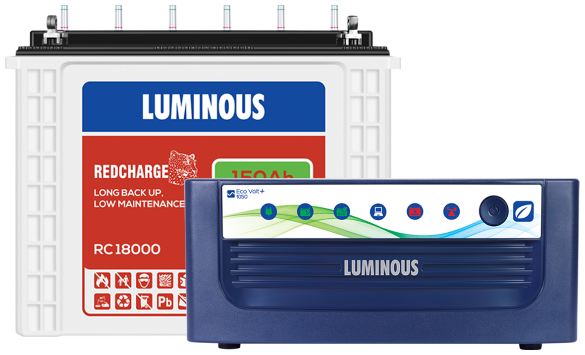 Luminous Eco Volt 1050 with Red Charge RC18000 150Ah Tall Tubular Battery
Luminous Eco Volt 1050 with Red Charge RC18000 150Ah Tall Tubular Battery