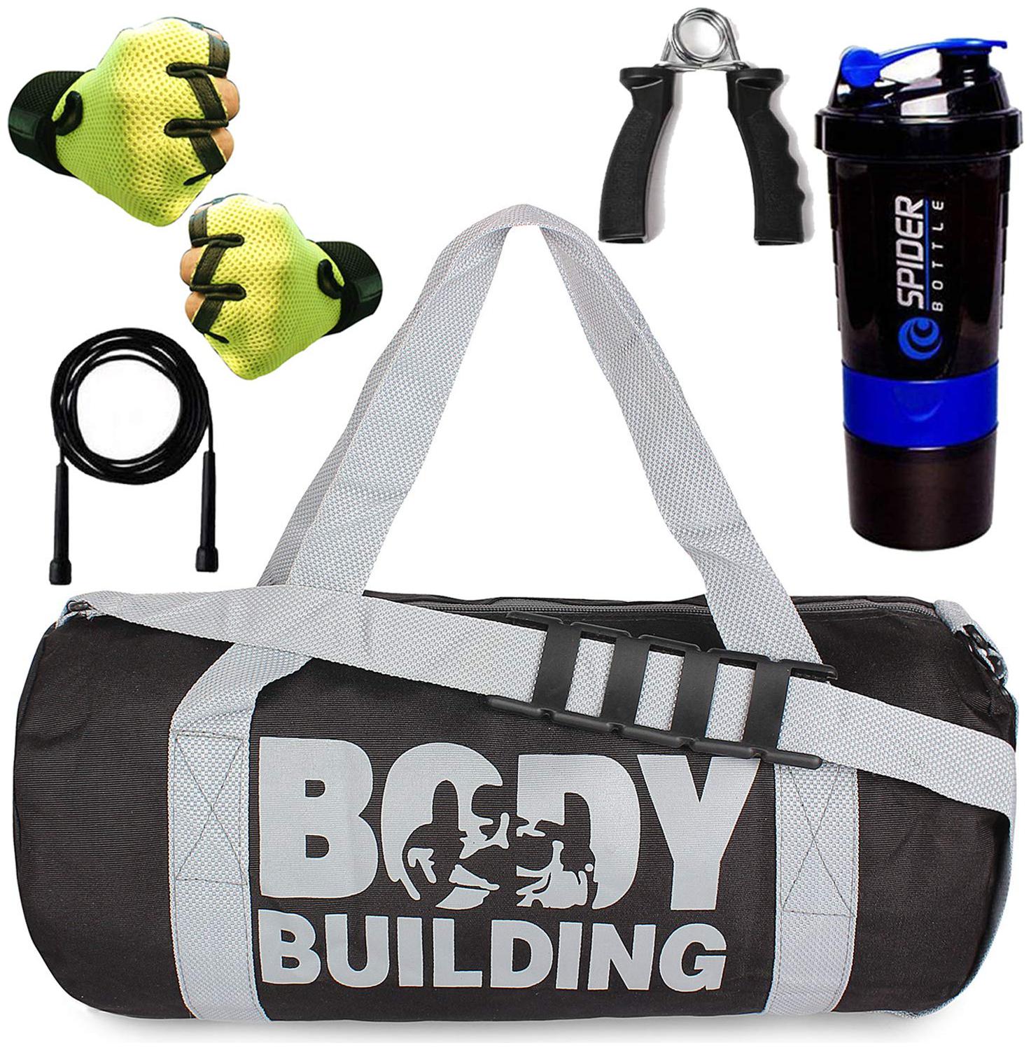 5 o clock Sports Gym Bag for Men Combo Black Body Building Gym Bag Green Gloves Skipping Rope Blue Spider with Hand Gripper Gym and Fitness kit 
5 o clock Sports Gym Bag for Men Combo Black Body Building Gym Bag Green Gloves Skipping Rope Blue Spider with Hand Gripper Gym and Fitness kit