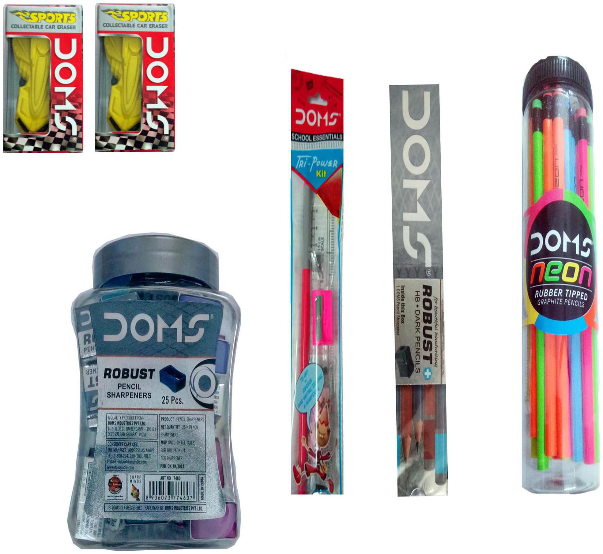 30 DOMS NEON RUBBERRTIPPED PENCIL 1 SHARPENER 1 SCALE IN JAR 1 DOMS TRI POWER KIT 10 DOMS ROBUST HB DARK PENCILS 25 DOMS ROBUST SHARPENER IN JAR 2 DOMS CAR ERASERS
30 DOMS NEON RUBBERRTIPPED PENCIL 1 SHARPENER 1 SCALE IN JAR 1 DOMS TRI POWER KIT 10 DOMS ROBUST HB DARK PENCILS 25 DOMS ROBUST SHARPENER IN JAR 2 DOMS CAR ERASERS