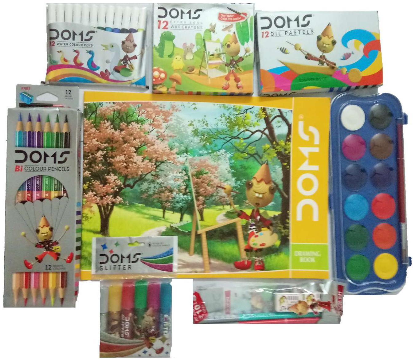DOMS DRAWING BOOK 12 SHADE COLOUR BOOK WATER CAKES 12 BI COLOUR PENCILS 12 OIL PASTELS 12 EXTRALONG WAX CRAYONS GLITTERS (6 SHADES) PENCIL KIT 12 WATER COLOUR PENS (SMALL)
DOMS DRAWING BOOK 12 SHADE COLOUR BOOK WATER CAKES 12 BI COLOUR PENCILS 12 OIL PASTELS 12 EXTRALONG WAX CRAYONS GLITTERS (6 SHADES) PENCIL KIT 12 WATER COLOUR PENS (SMALL)