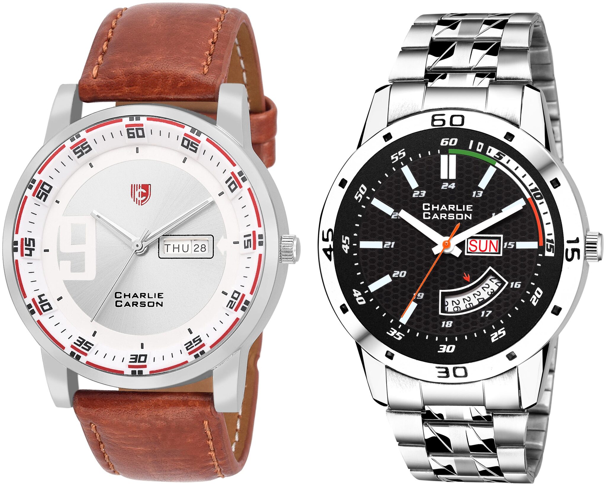 Charlie Carson day date combo set of 2 Stainless Steel and leather strap watch for men-CC384MMC
Charlie Carson day date combo set of 2 Stainless Steel and leather strap watch for men-CC384MMC