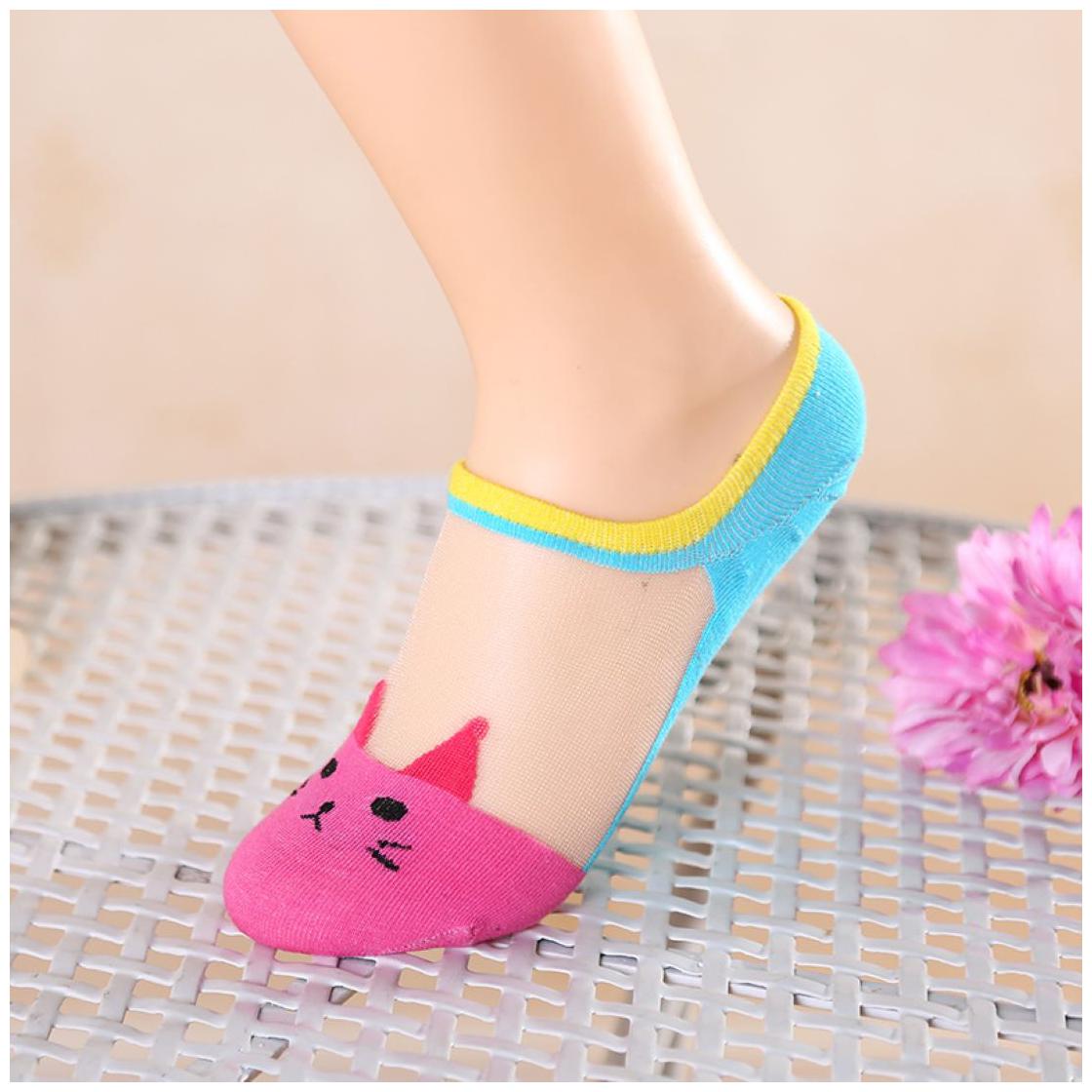 

1PAIR WOMEN CARTOON CUTE CAT PATTERN SOCKS TRANSPARENT LOW ANKLE SOCKS(Rose Red)