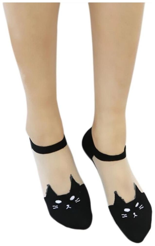 

1Pair Women Cartoon Cute Cat Pattern Socks Ultra thin Transparent Low Ankle Socks (Black)