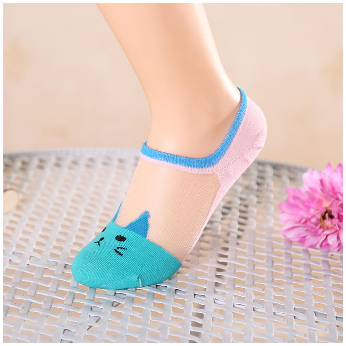 

1Pair Women Cartoon Cute Cat Pattern Socks Ultra thin Transparent Low Ankle Socks
