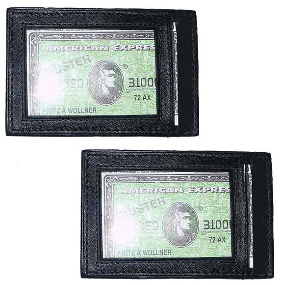 

2 Black Cowhide LEATHER THIN Slim Credit Card ID Holder Front Pocket Wallet