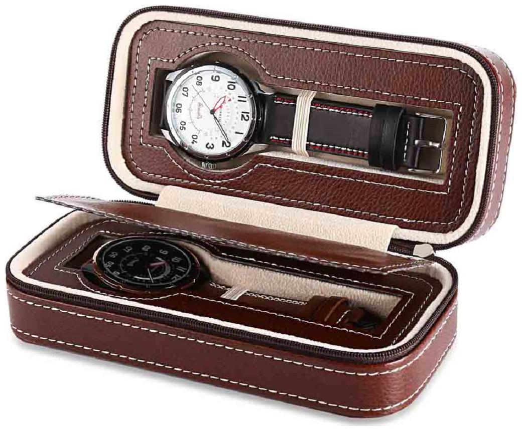 

2 Grids Watch Boxes Genuine Leather Wristwatch Box Display Jewellery Storage Organizer Travel Watch Case Watch Box (Brown Holds 2 Watches)