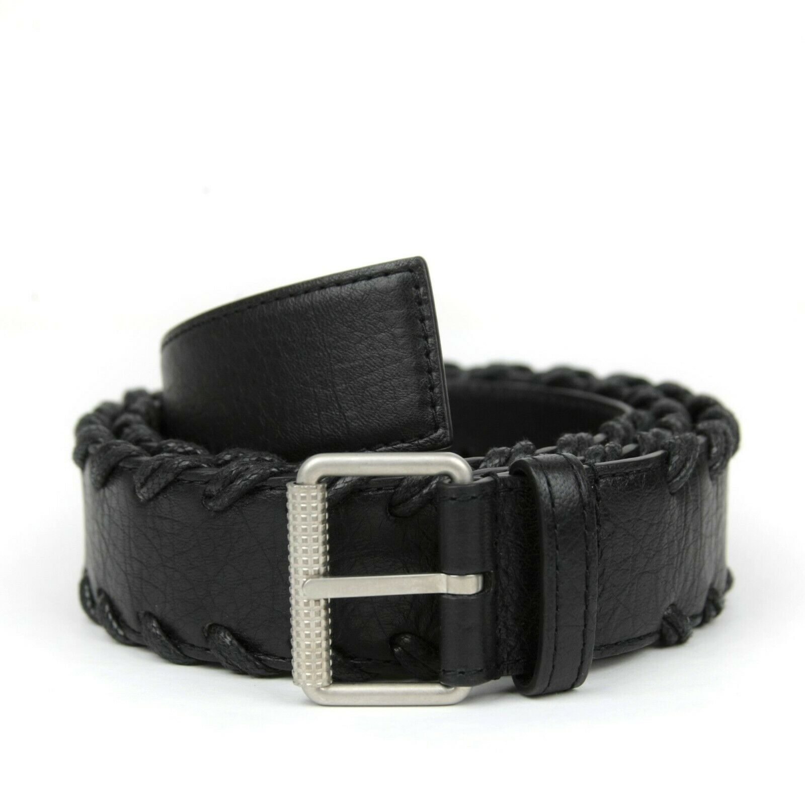 

355 New Balenciaga Men s Black Leather Belt with Cord Detail 435617 1000