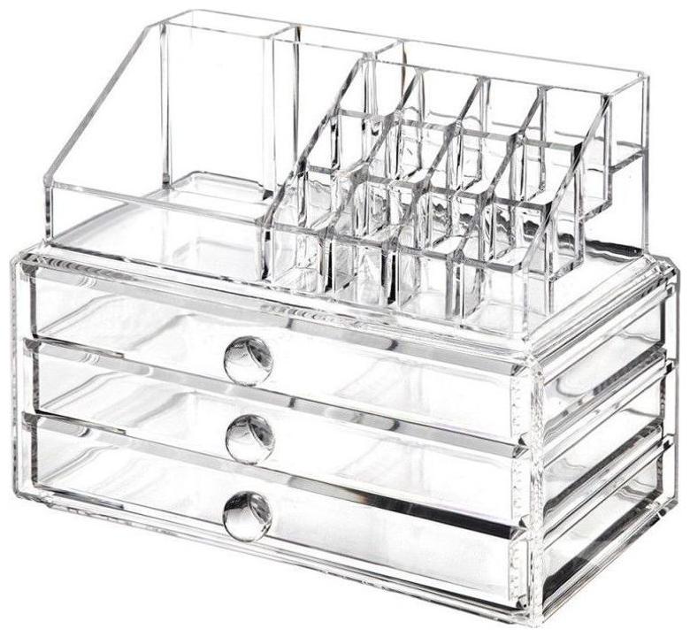 

Acrylic Jewelry Cosmetic Organizer 3 Big Parallel Identical Drawer Set with Top Rack