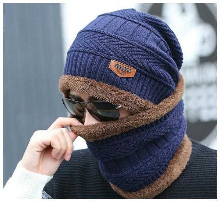 

Alexvyan Blue Women s and Men s Woolen Inside Fur Snow Proof Warm Winter Soft Beanie Cap with Scarf