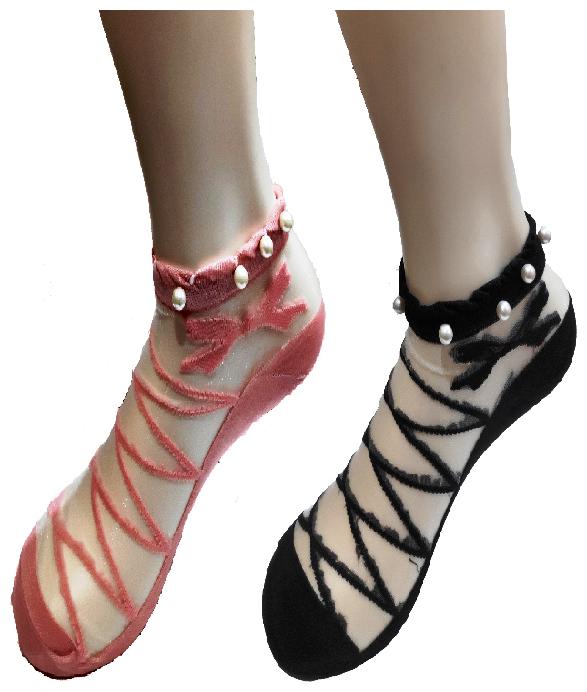 

Ankle Length White Pearl Silk Cotton Soft Crystal Lace Elastic Socks Peach And black color