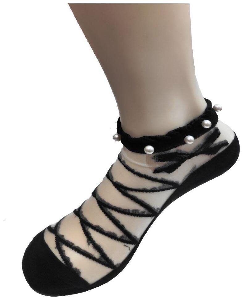 

Ankle Length White Pearl Silk Cotton Soft Crystal Lace Elastic Socks Black-Pearl-T