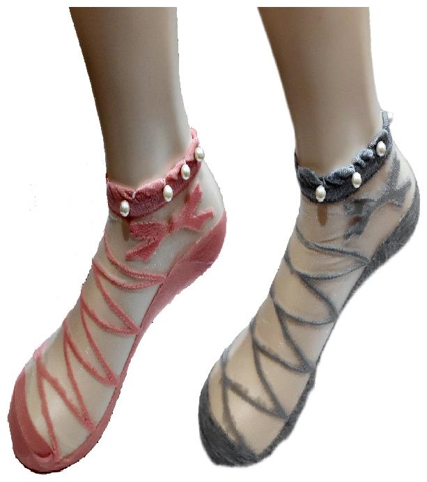 

Ankle Length White Pearlesko Silk Cotton Soft Crystal Lace Elastic Socks Peach and Gray color