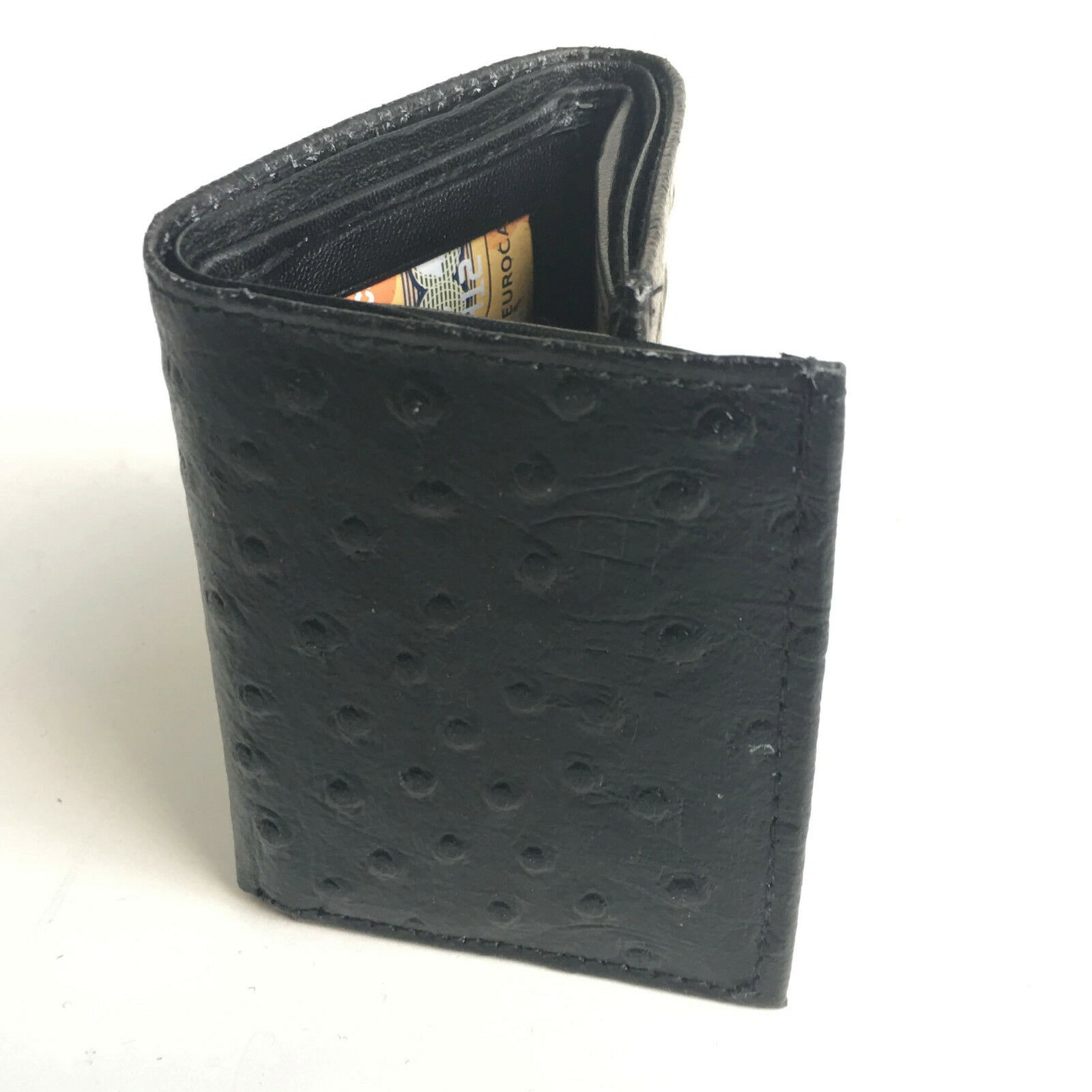 

Black Genuine Leather Men s Trifold Wallet Ostrich Print Thin Card Holder