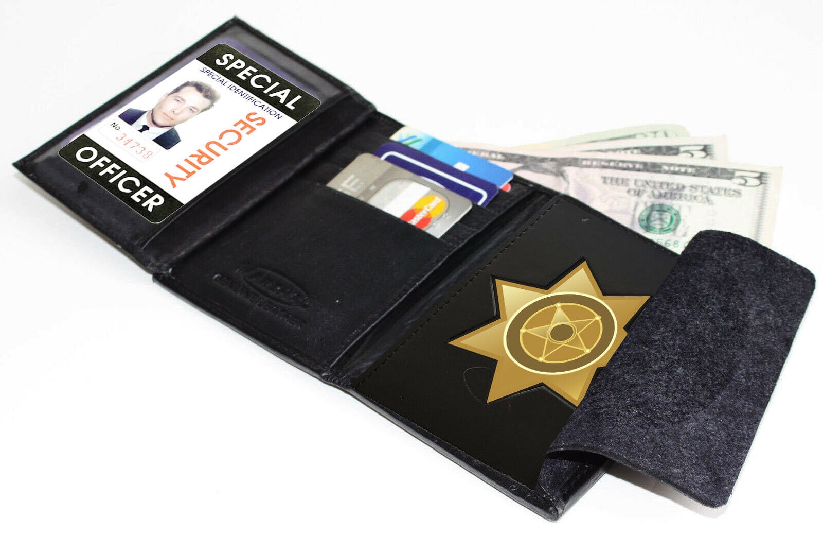 

Black Leather Security Officer Star Concealed Carry License Badge Mens Wallet