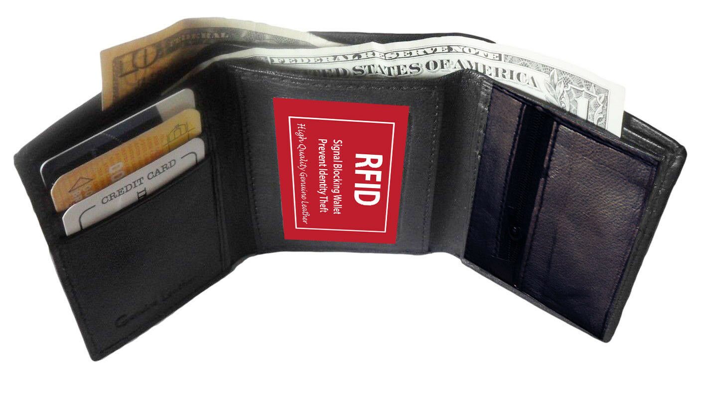 

BLACK RFID BLOCKING MEN S LEATHER TRIFOLD WALLET ZIP ID COIN HOLDER