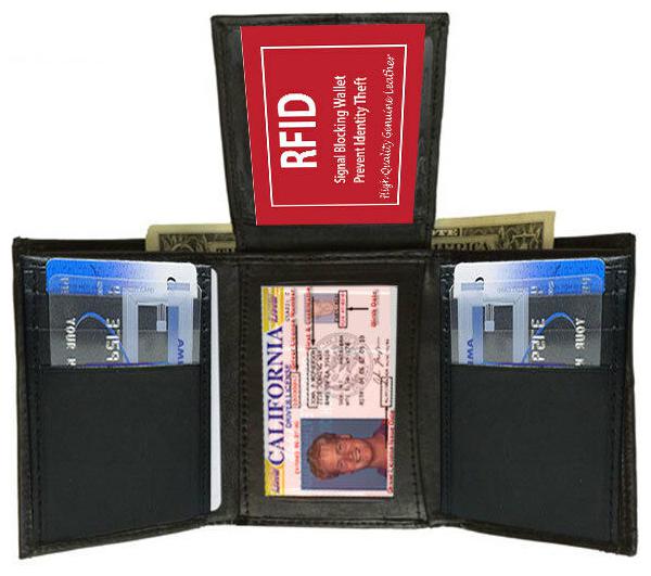 

BLACK RFID BLOCKING MENS GENUINE LEATHER THIN TRIFOLD FLAP TOP 2 ID WALLET