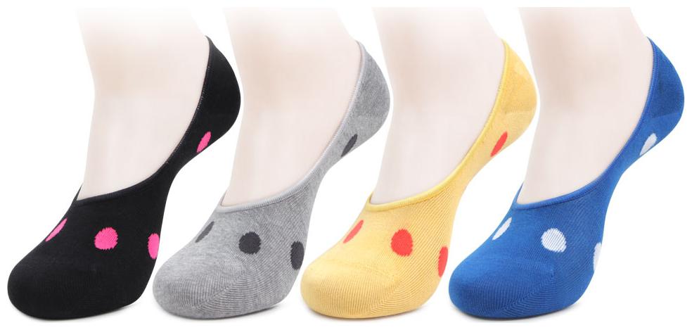 

Bonjour Womens Cotton Polka Dots 4 Pair of Loafer Socks with Anti Slip Silicon Heel