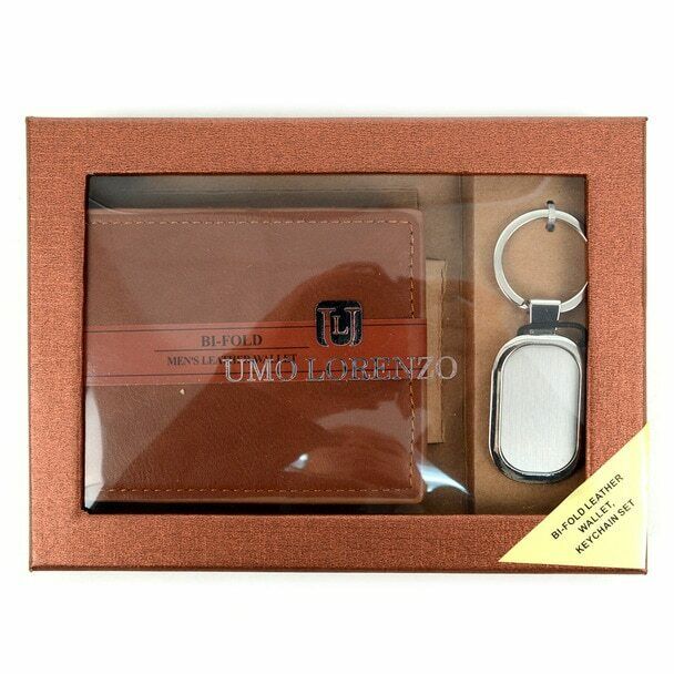 

Brown LEATHER Bi-fold WALLET Silver-tone KEY CHAIN NIB