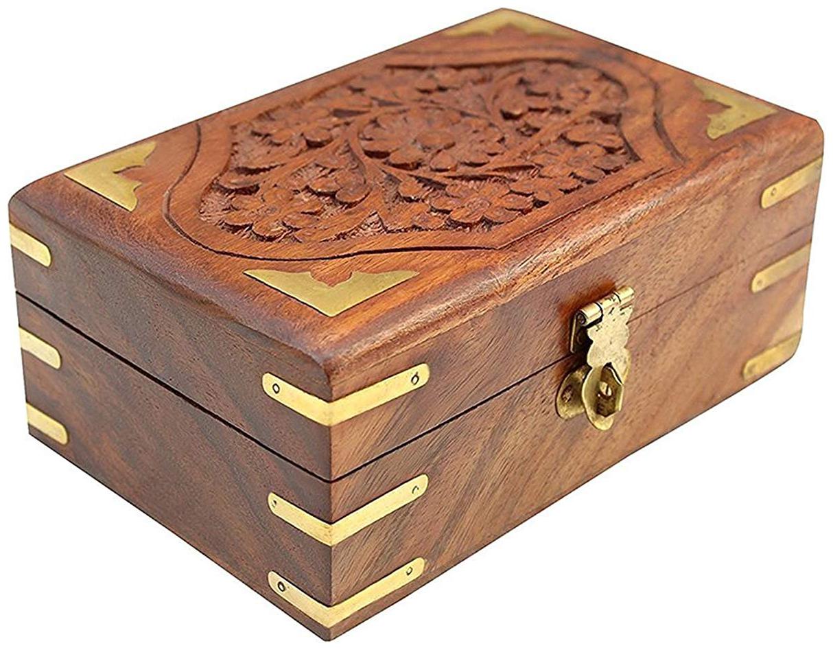 

BuyCrafts Handmade Wooden Keepsake Storage Box Jewelry Trinket Holder Organizer Floral Hand Carvings Brass
