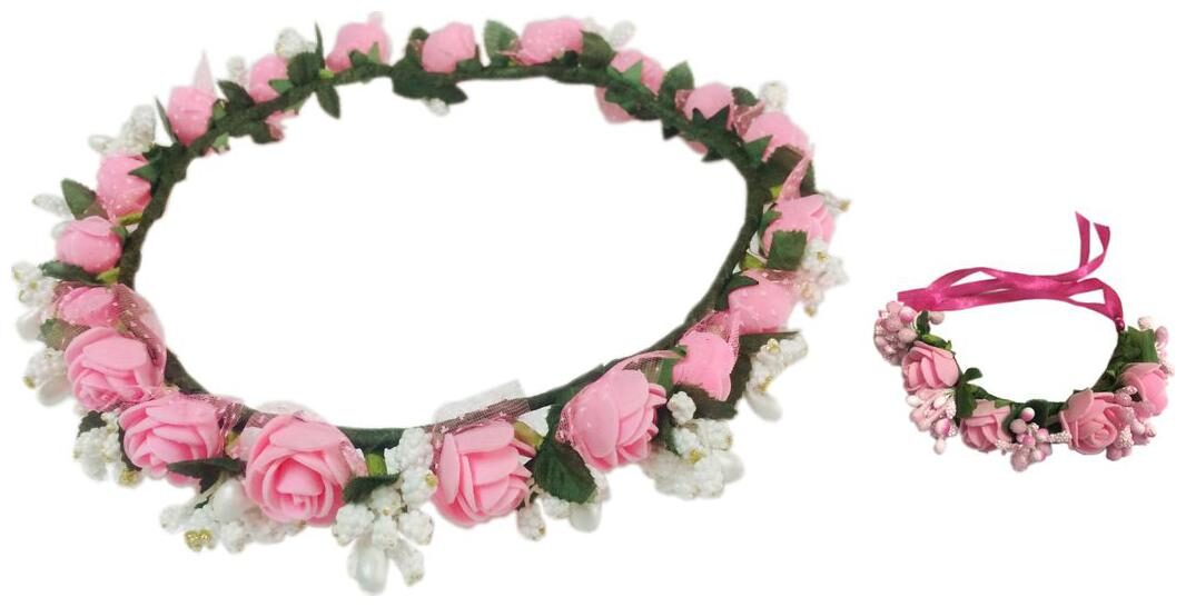 

Combo Of Pink And Safe Fabric Floral Handmade Tiara And Wrist Band For Girls
