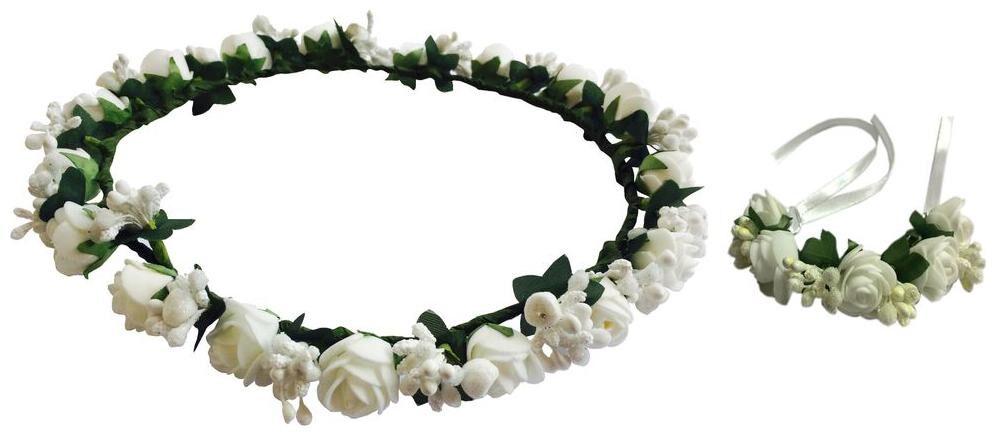 

Combo Of White Fabric Floral Handmade Tiara And Wrist Band For Girls