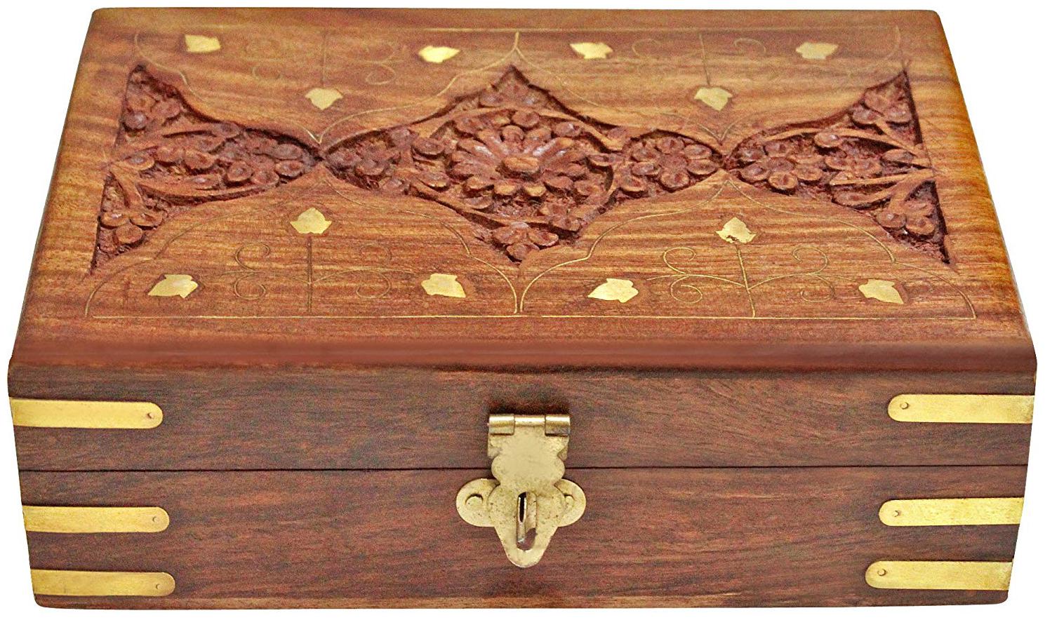 

CraftShoppee Wooden Designer Handcarved Jewellery Box with Elephant Charm Jewel Storage Organizer for Women