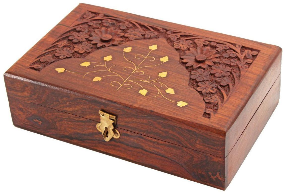 

CraftShoppee Wooden Keepsake Storage Box Jewelry Trinket Holder Organizer Floral Hand Carvings Brass