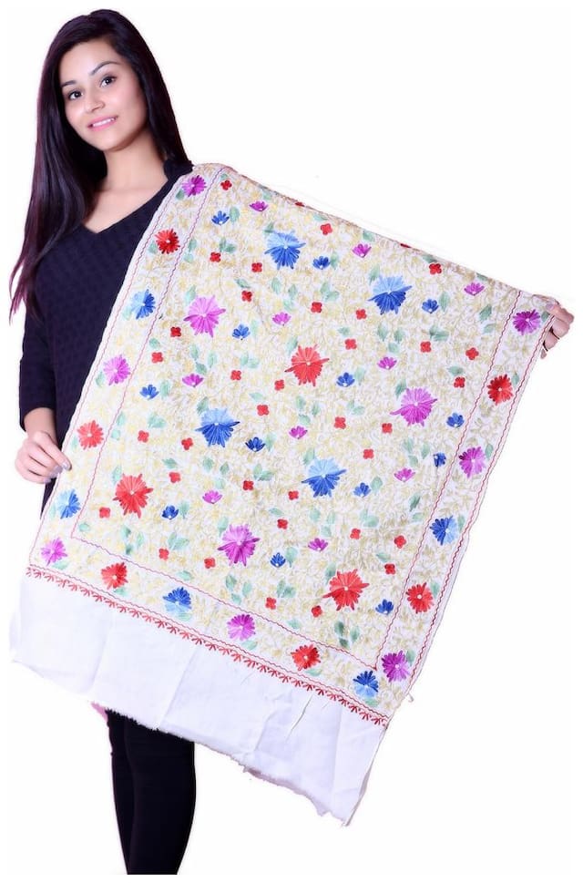 Cream zardosi embroidered wollen shawl
