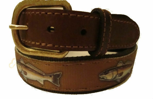 

Croakies Leather Nylon Canvas Redfish Red Fish Brown Fishing Belt NWT Cochran