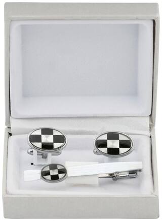 CUFFLINK SILVER Formal Oval Silver & Black Cheques Cuff Link and Tie Pin set
