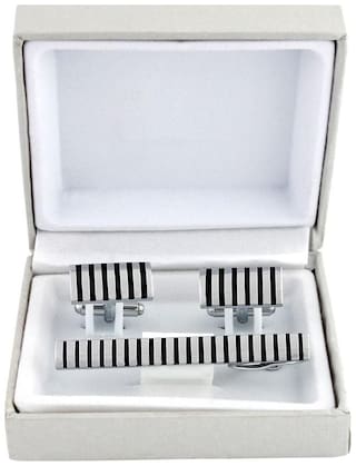 CUFFLINK SILVER AND BLACK PATI CUFFLINK AND TIE PIN SET