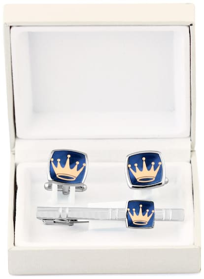 cufflinks and tie pin set for men,cufflinks Taj Silver Blue Crown Design for Office Corporate Party French Cufflink Suit cufflinks Brass and gold Plated