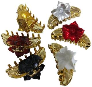 De-Ultimate (Set Of 6 pcs) Premium Banana Shape Flower Design Trending Fashionable Lightweight Plastic Hair Claw/Clutcher Clip/Stylish Pins Hair Accessories Set For Women's And Girl's (Multicolor)