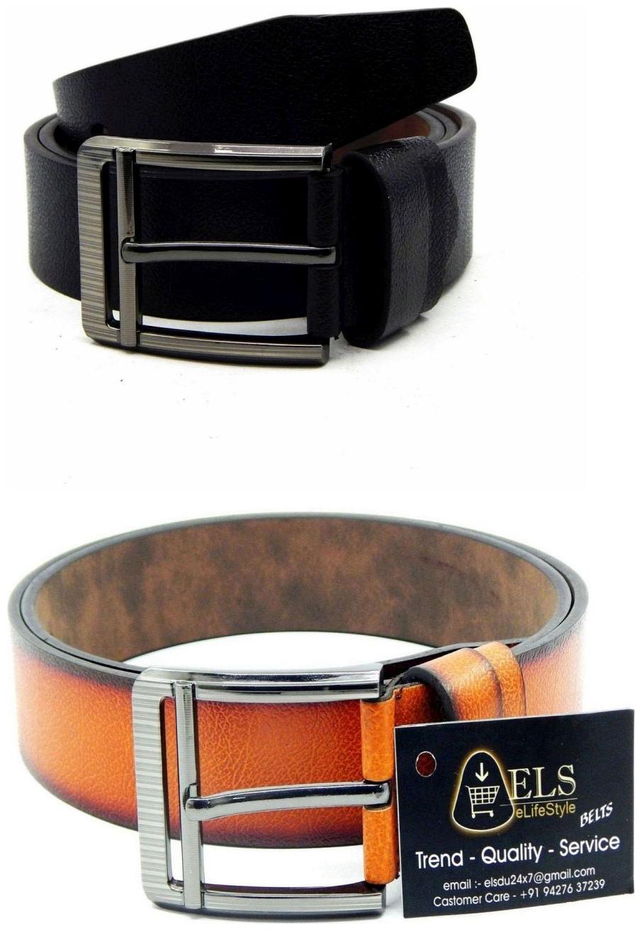 

Els Black Tan Synthetic Leather Belts For Men